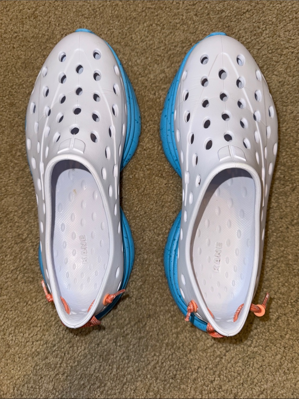 Kane Men's White Slip-On Water Sandals with Blue Soles and Orange Pull Tabs